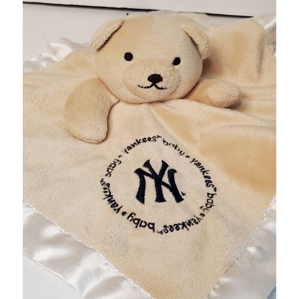 MLB NY Yankees Lovey Plush Baby Security Blanket Baseball Tan Blue New York EUC